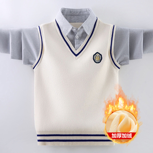 男童假两件衬衫翻领毛衣套头春秋冬儿童线衣中大童男孩针织打底衫