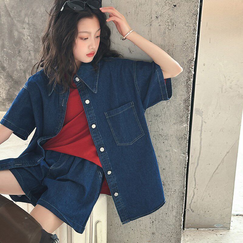 女童套装夏季2024儿童夏装薄款洋气女大童短袖衬衫牛仔短裤两件套