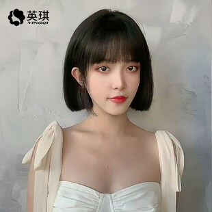 英琪假发女短发漫画刘海一刀切自然网红齐刘海波波头全真发全头套