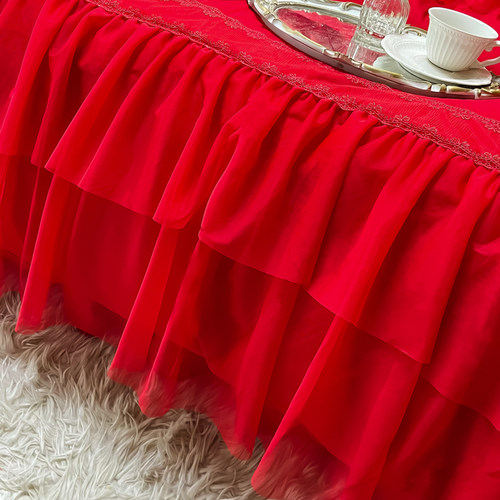 婚庆大红色蕾丝网纱花边蝴蝶结四件套公主风牀单牀裙单双人被套牀