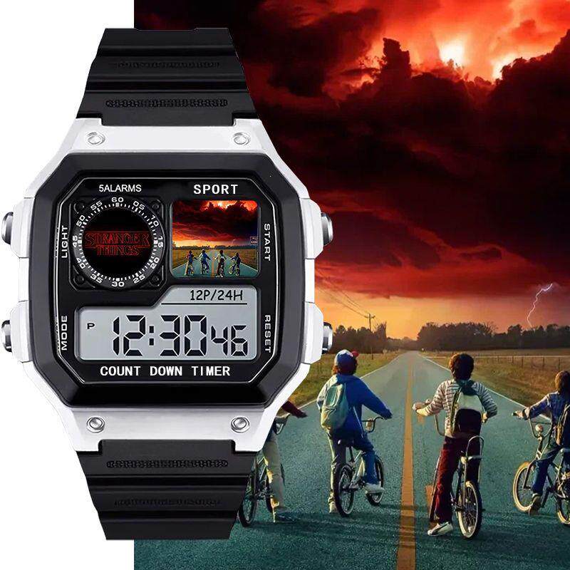 怪奇物语周边手表中小学生静音带闹钟日期防水电子手表小方块腕表