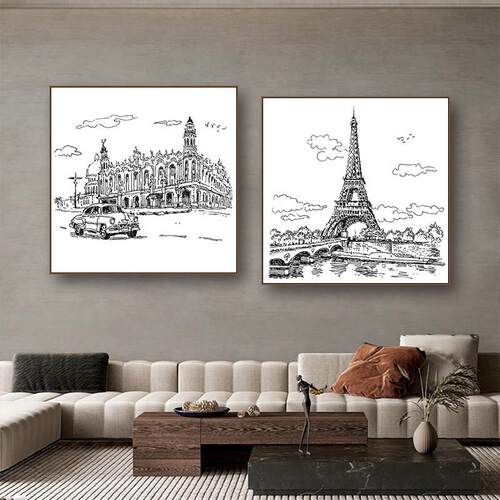 钢笔画线稿风景挂画欧洲着名复古建筑装饰画美术生卧室高级感壁画