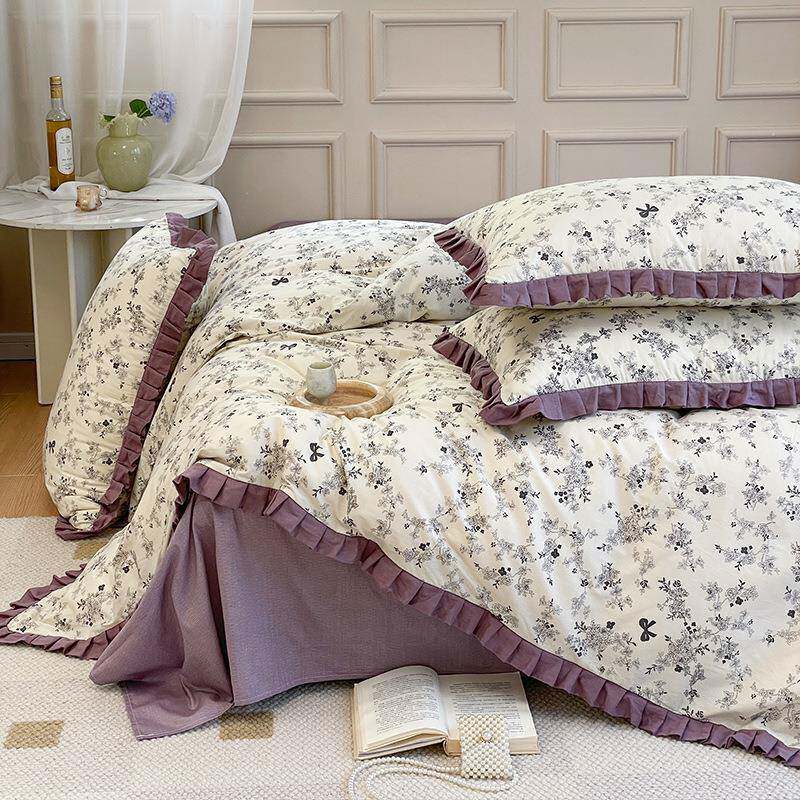 A类母婴级法式小碎花全棉亲肤床上四件套纯棉花边被套宿舍床单