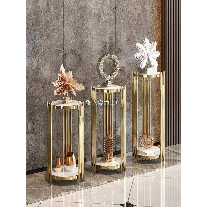Lg轻奢不锈钢花架阳台客厅家用室内落地多层花几圆形大理石装饰
