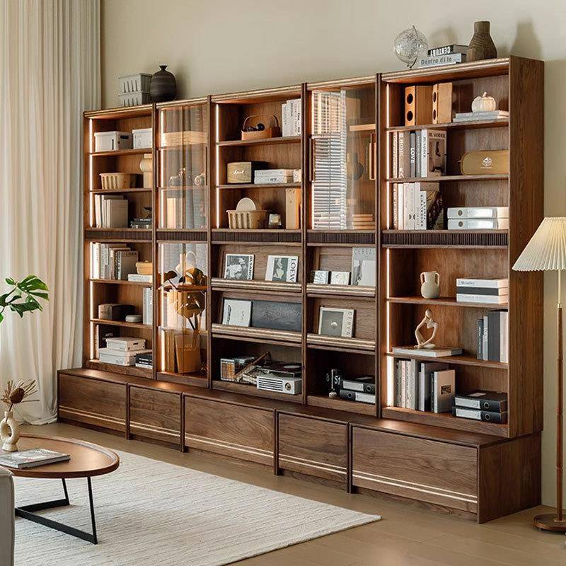 北美黑胡桃木实木组合书柜樱桃木原木玻璃防尘落地展示柜储物书架