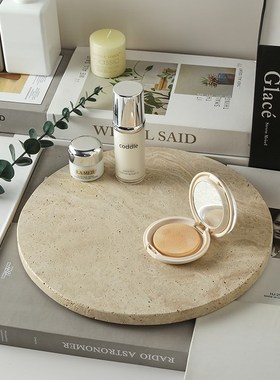 侘寂风异型天然洞石托盘样板房酒店大理石收纳盘轻奢家居装饰摆件