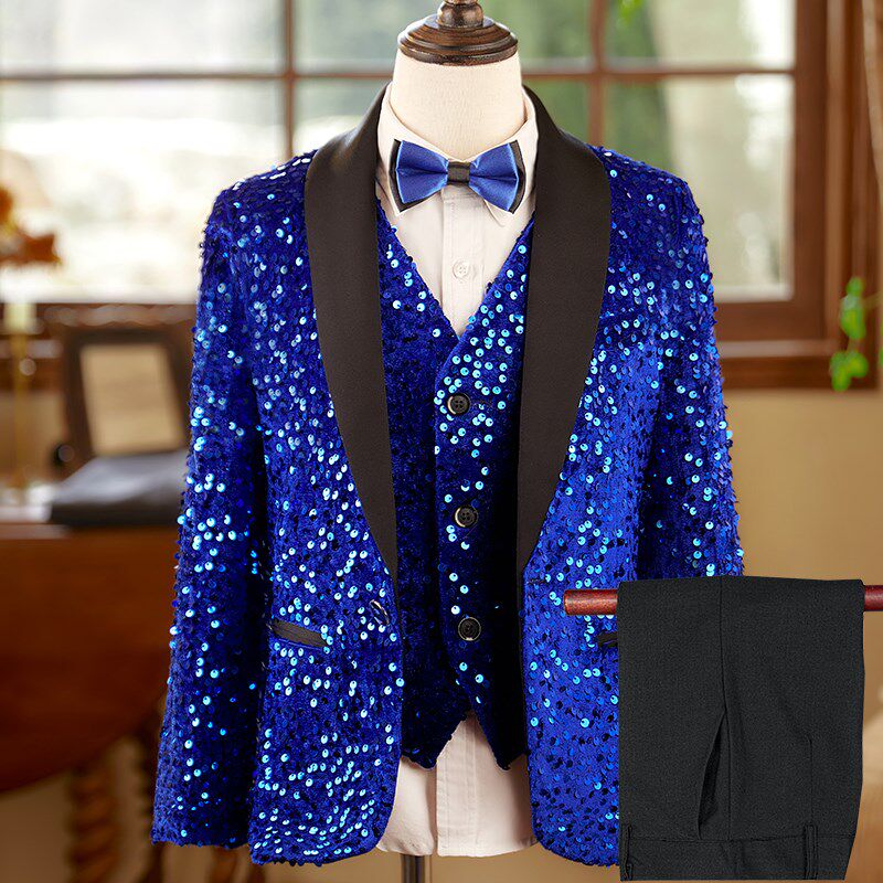 男童蓝色亮片主持人礼服儿童小西服学生舞台晚会演出服钢琴演奏服