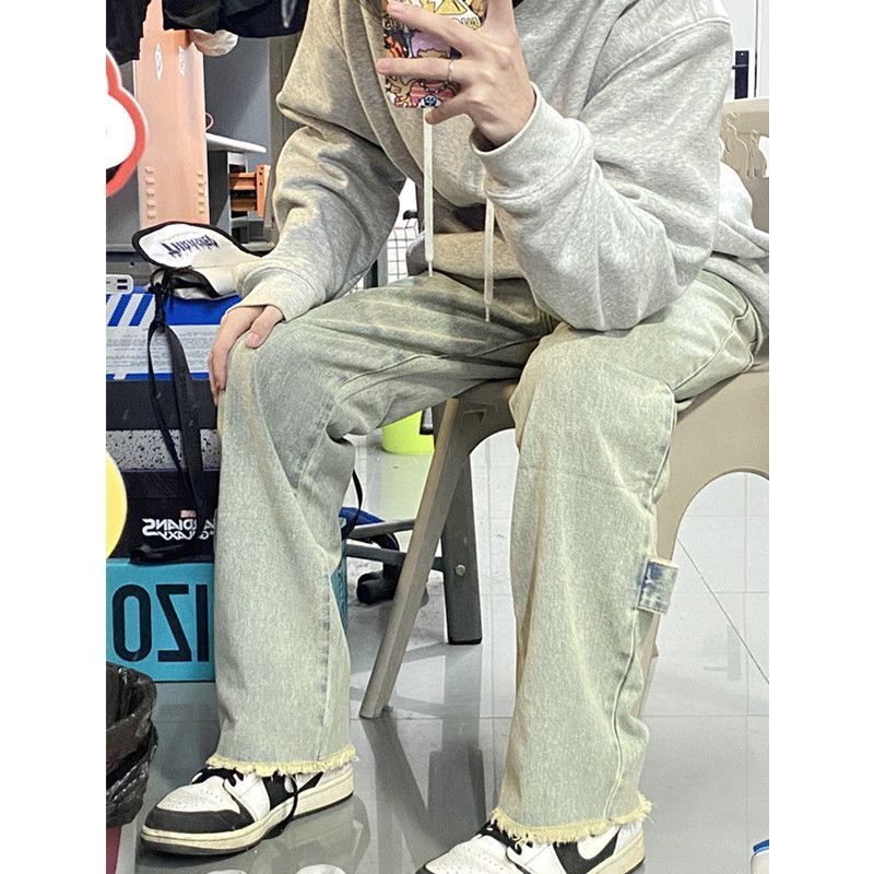 美式童装复古水洗黄泥染牛仔裤女春季设计感高腰直筒毛边阔腿裤子