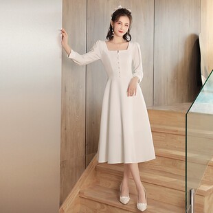 法式 登记缎面小个子冬轻婚纱礼服订婚连衣裙女 小白裙领证秋冬长袖