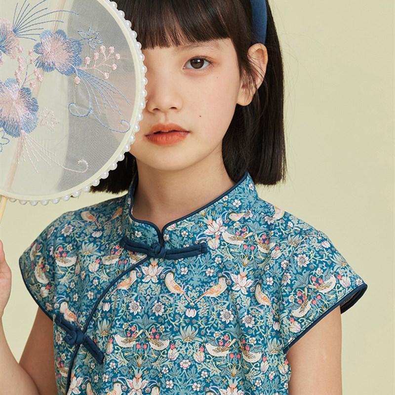 童装2023夏季新款纯棉中式旗袍开叉连衣裙中大童古装国风儿童长裙