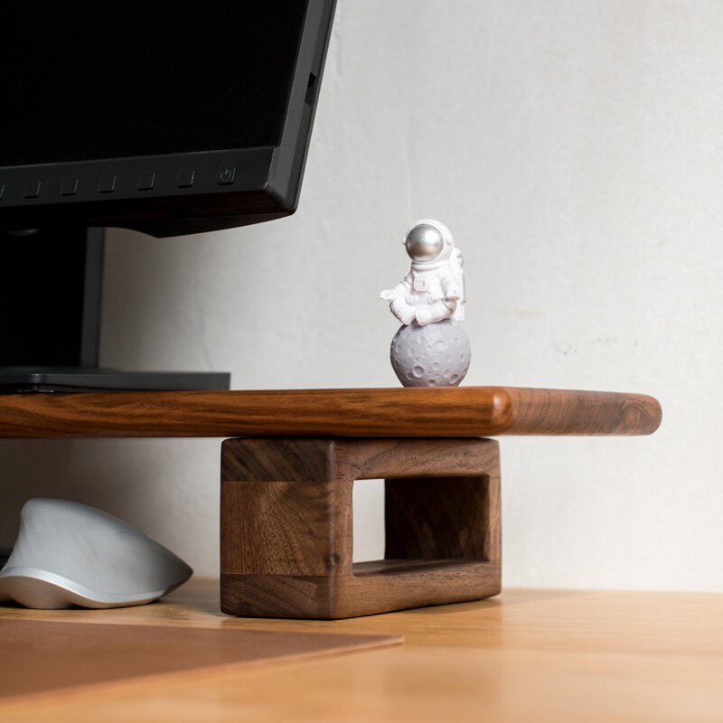 黑胡桃木显示器增高架实木台式电脑双屏幕曲面一体机带线孔免安装