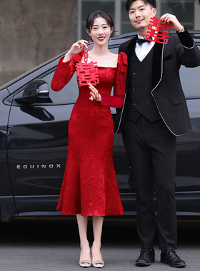 敬酒服新娘长袖平时可穿订婚连衣裙红色礼服裙冬2024回门便装秋冬