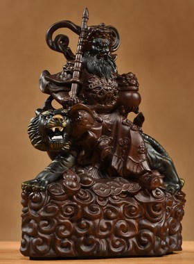 彩绘实木雕刻武财神骑虎赵公明神像摆件家居客厅店铺装饰工艺礼品