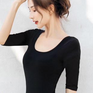 双u领黑色性感低领白色大圆领打底衫 五分袖 紧身上衣 t恤女修身 中袖