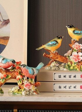 欧式家居装饰品新中式客厅酒柜隔断摆件陶瓷工艺品喜鹊小鸟创意