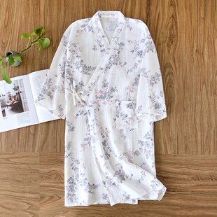 全棉田园绉布睡袍和服浴袍女春秋夏季纯棉纱布双层薄款家居服睡衣