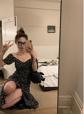 Xinlei Lin 茶歇碎花裙黑色碎花连衣群长裙女春夏裙子