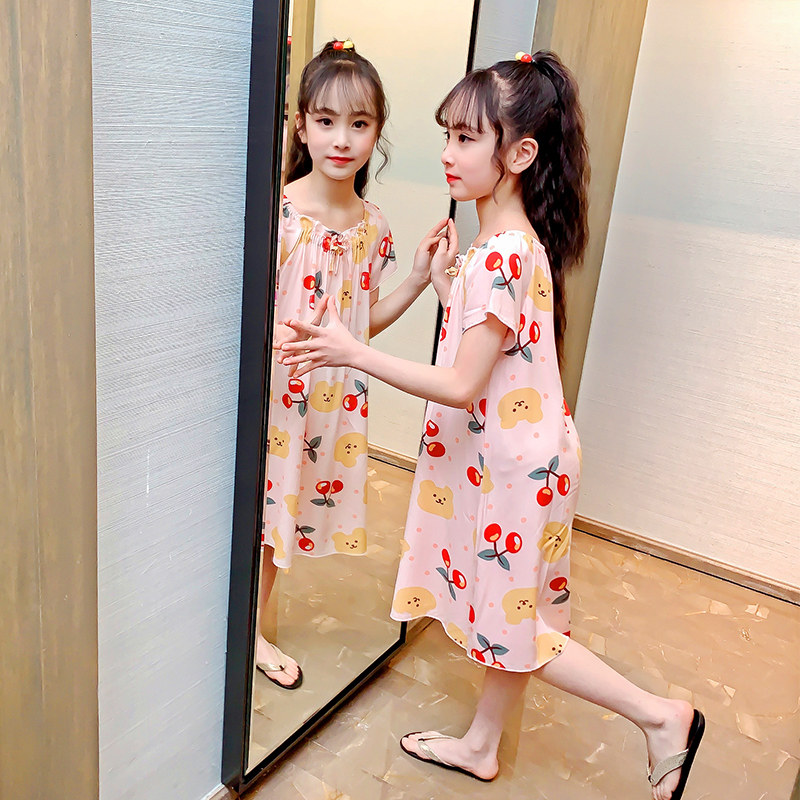 女童睡裙绵绸夏季棉绸短袖儿童薄款吊带宝宝小孩睡衣樱桃熊家居服