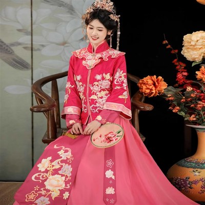 中式婚礼伴娘服长袖复古风显瘦绣花立领云肩明智汉服小姐公主服装