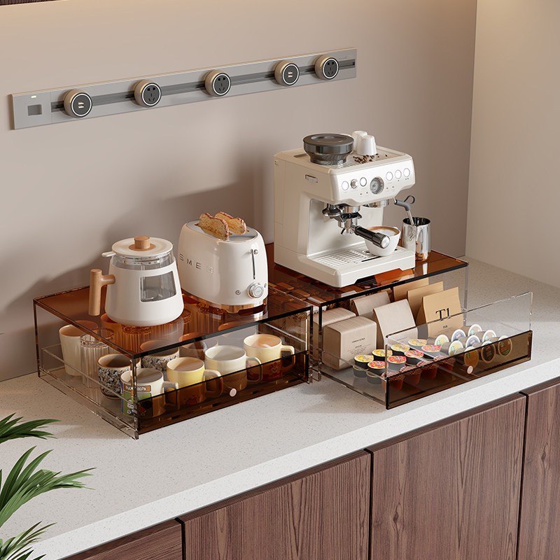 咖啡机置物架底座茶包咖啡收纳盒水杯茶具透明储物盒微波炉收纳架