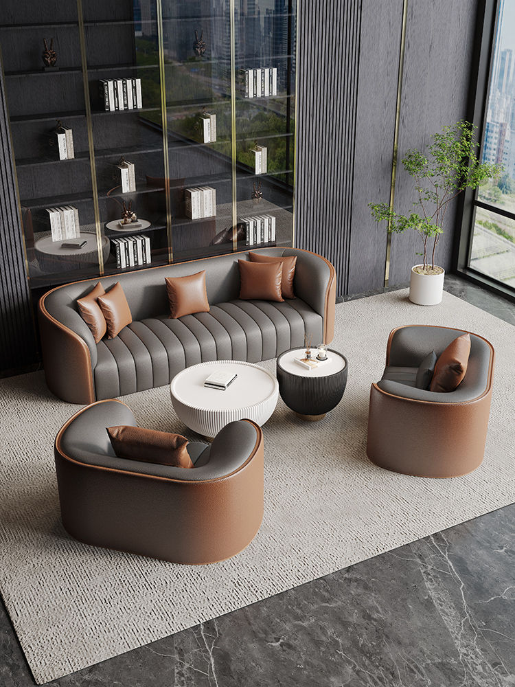 办公室会客沙发简约现代商务接待厅高档休闲真皮办公沙发茶几组合