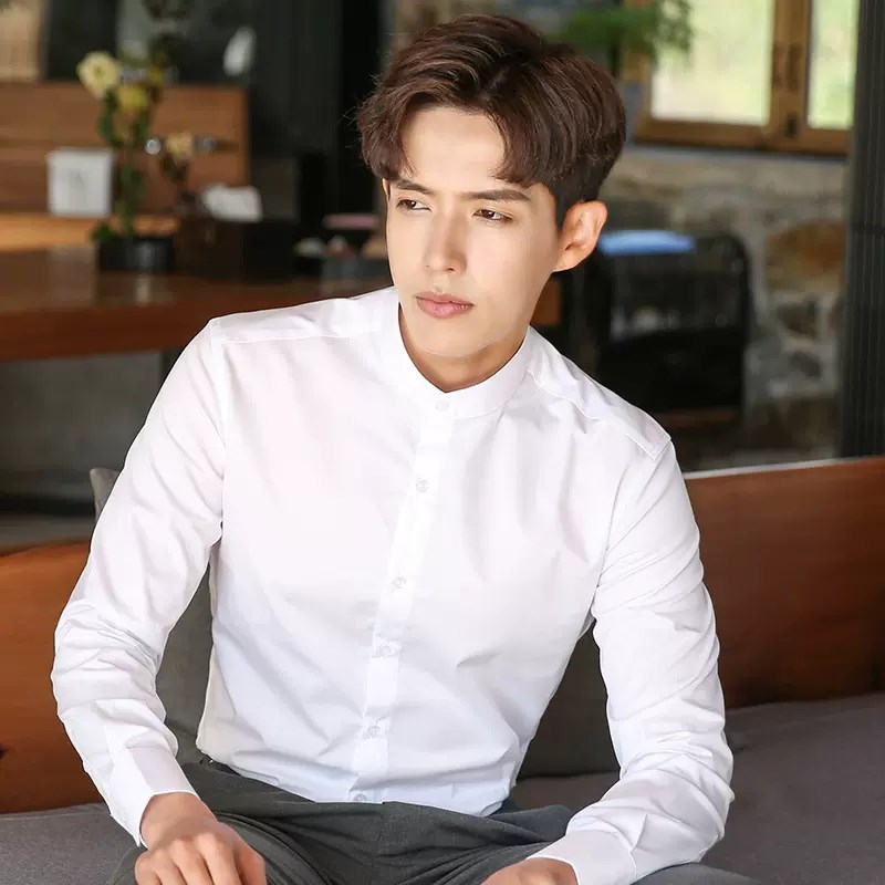 立领白衬衫男长袖春季职业正装中式无领商务圆领工装男士白色衬衣