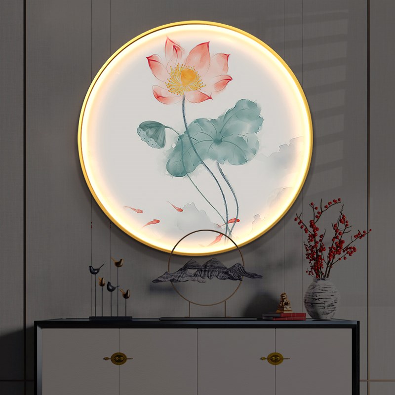 荷花圆形玄关装饰画带灯发光新中式客厅茶室走廊莲花led壁灯挂画图片