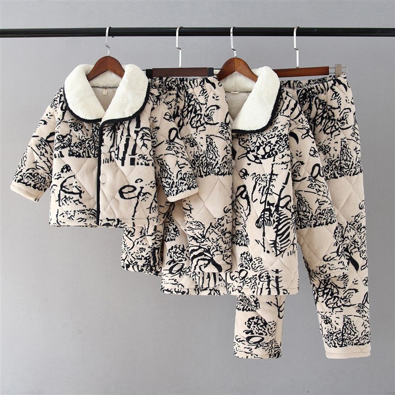 加厚儿童冬季法兰绒睡衣男女孩三层夹棉珊瑚绒亲子保暖家居服套装