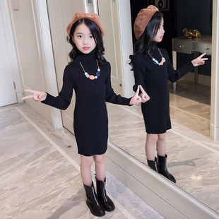秋冬装儿童高领中长款毛衣宝宝针织打底衫女童加绒加厚黑色毛衣裙