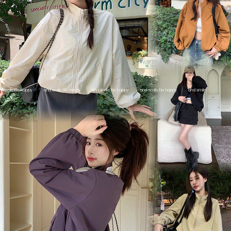 立领防晒外套女2024春秋新款宽松抽绳短款休闲开衫拉链夹克上衣
