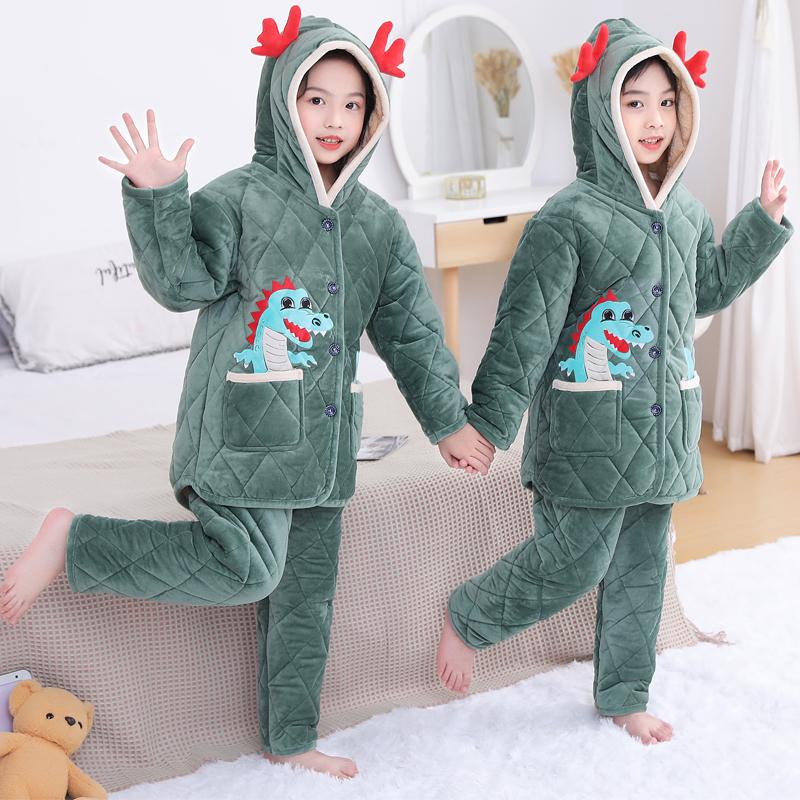秋冬儿童睡衣三层夹棉加厚长款珊瑚绒卡通法兰绒中大童男童家居服