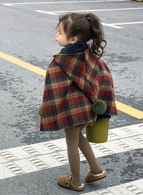 新款童装年服2023新款女童冬季耶诞双面羊毛呢斗篷儿童时髦外套