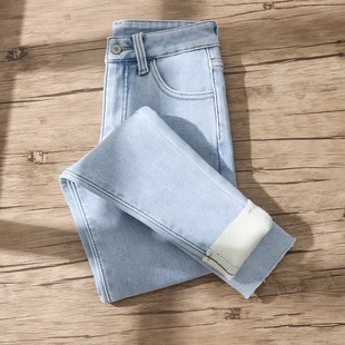 高腰弹力紧身显瘦加厚小脚铅笔裤 2023新品 子 女冬季 加绒牛仔九分裤