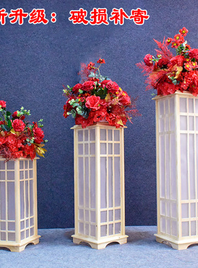 新中式宫灯原木灯光路引方柱婚庆道具婚礼t台舞台布置装饰摆件