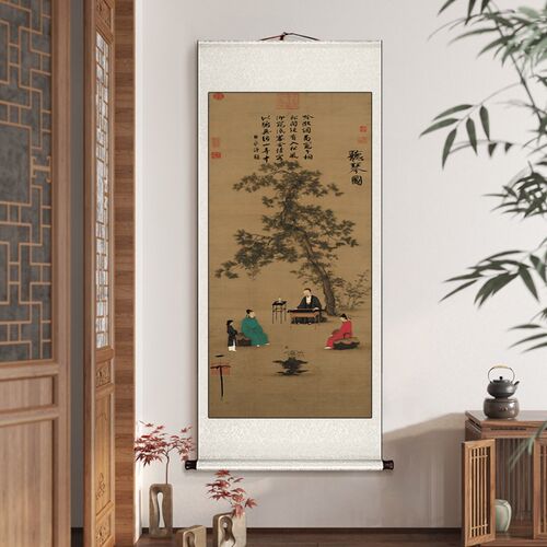 松梅双鹤图古画卷轴挂画新中式玄关装饰画客厅茶室竖版山水画国画
