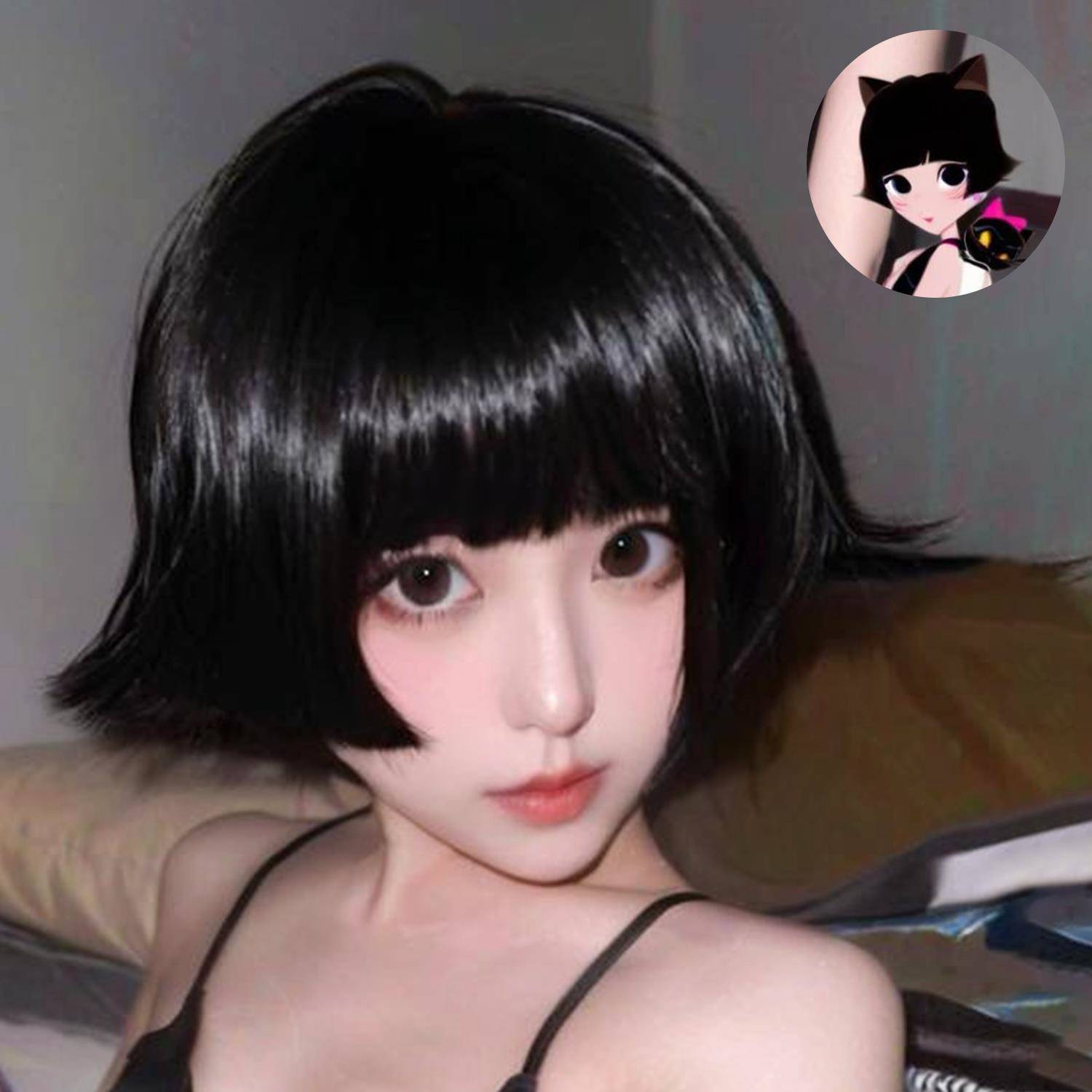 假头发cos泡芙小姐短直发病娇猫系齐刘海伤感反翘动漫30cm圆头皮