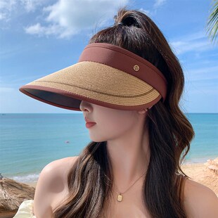 草编条纹拼接空顶帽女骑车外出游玩大檐防晒帽子时尚百搭显脸小潮