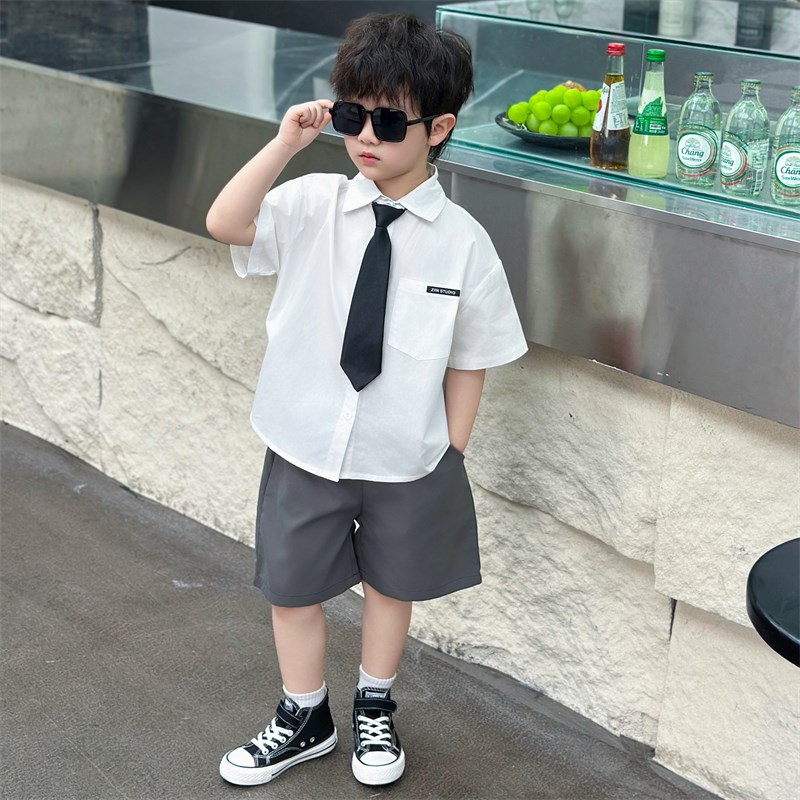 男童夏季套装儿童夏装白衬衫2025新款小童帅气男孩西装夏款学院风