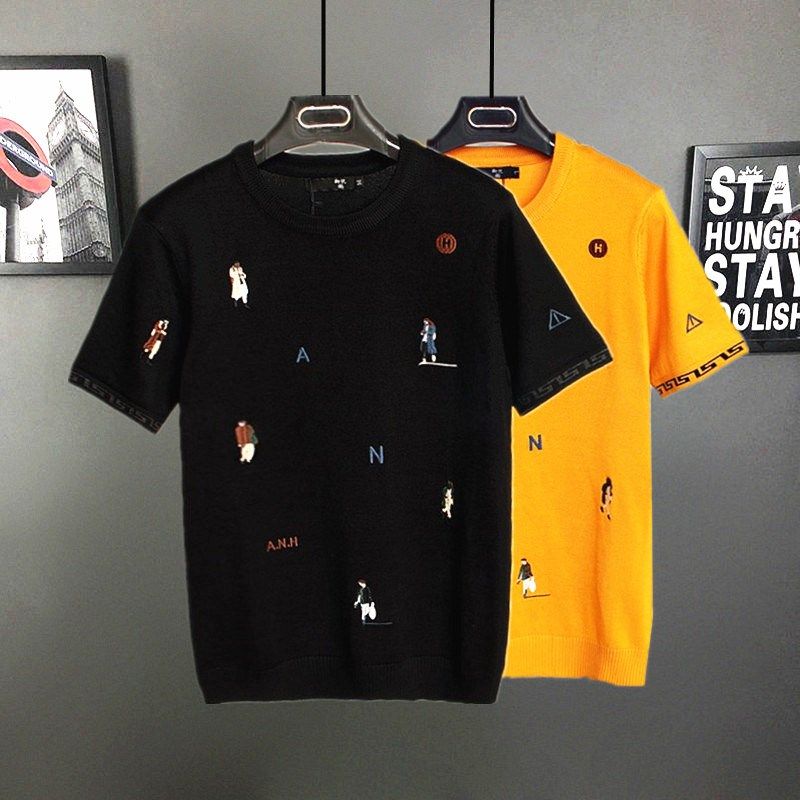 春秋新款韩版潮牌短袖T恤男纯棉刺绣圆领体恤潮流修身针织半袖男t