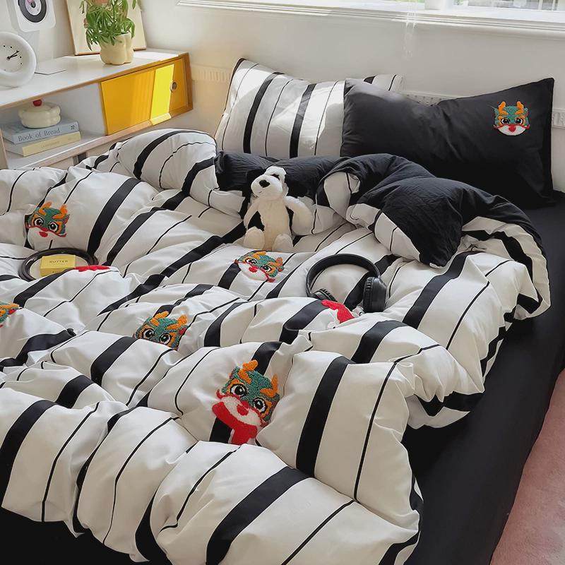 公主风黑白条纹全棉四件套卡通少女心纯I棉刺绣龙年被套床单床笠