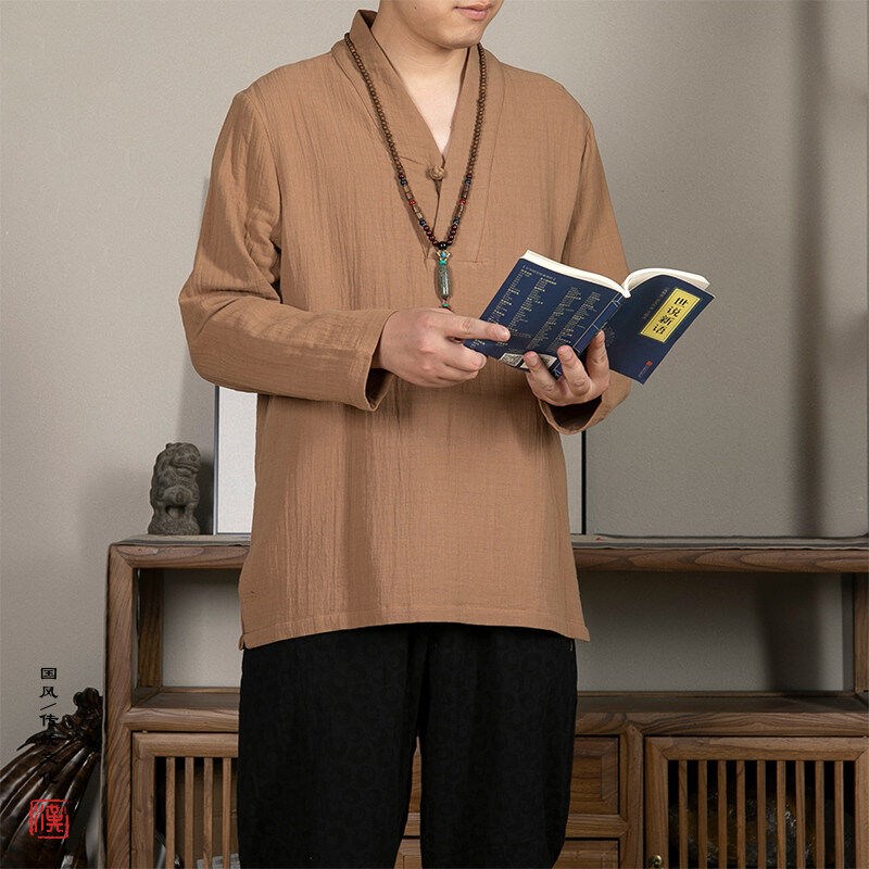 新中式上衣宽松V领长袖衬衫男透气棉麻汉服中国风青年休闲衬衣薄