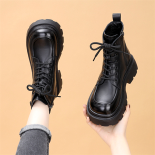 加绒黑色炸街短靴小码 真皮厚底马丁靴女2023年秋冬新款 低帮爆款