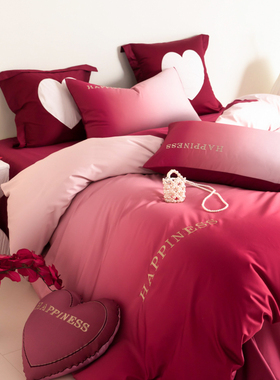 160支结婚四件套l高级感纯棉红色被套婚庆床单婚嫁床上用品喜被1.