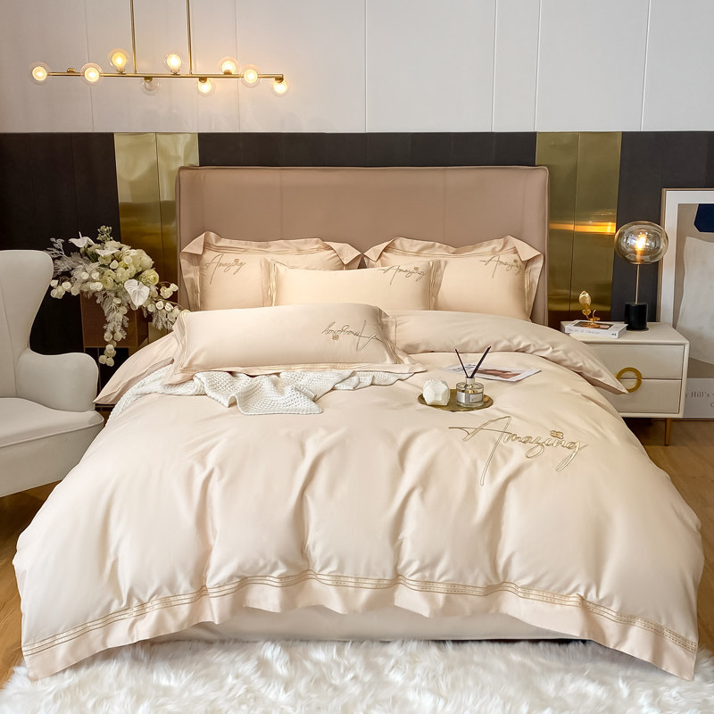 北欧简约全棉纯色刺绣花纯r棉公主床品四件套被套1.5 1.8双人床单