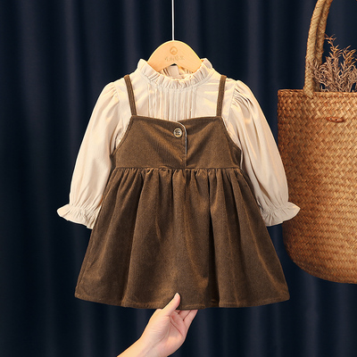 女童连衣裙套装秋冬季加绒加厚儿童新款洋气法式女孩背带裙两件套