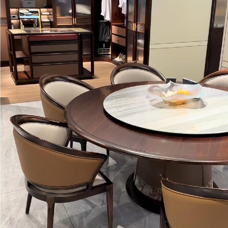 新中式乌金木实木餐桌椅组合现代餐厅别墅圆形带转盘餐桌吃饭桌子