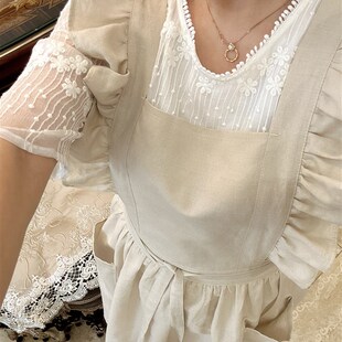 夏苎麻纯色公主花边围裙美甲烘焙防务工作服复古清凉透气薄款无袖