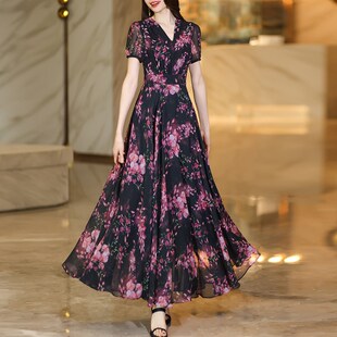 收腰修身 雪纺连衣裙女减龄泡泡袖 显瘦碎花长裙子 新款 2025年夏季