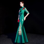 2024新款 立领走秀旗袍年会主持演出服显 鱼尾礼服模特中式 新款 中袖