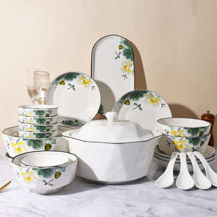 北欧风2024新款 家用创意菜盘子碗筷勺餐具 10人碗碟套装